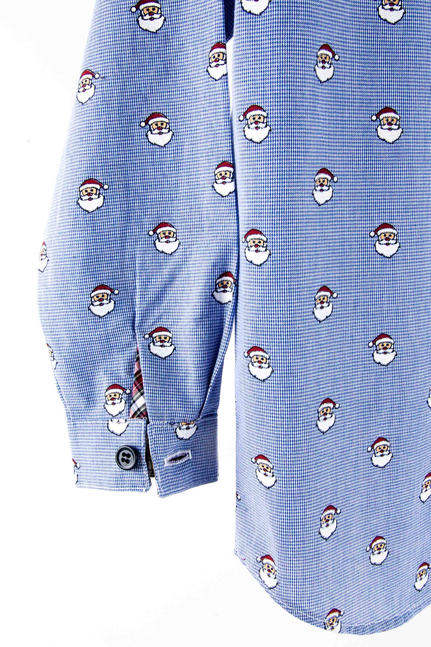 Blue micro check fabric with repeating Santa Claus face pattern, shown as a dress shirt