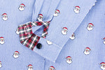 Blue micro check fabric with Santa faces and red plaid collar accent detail