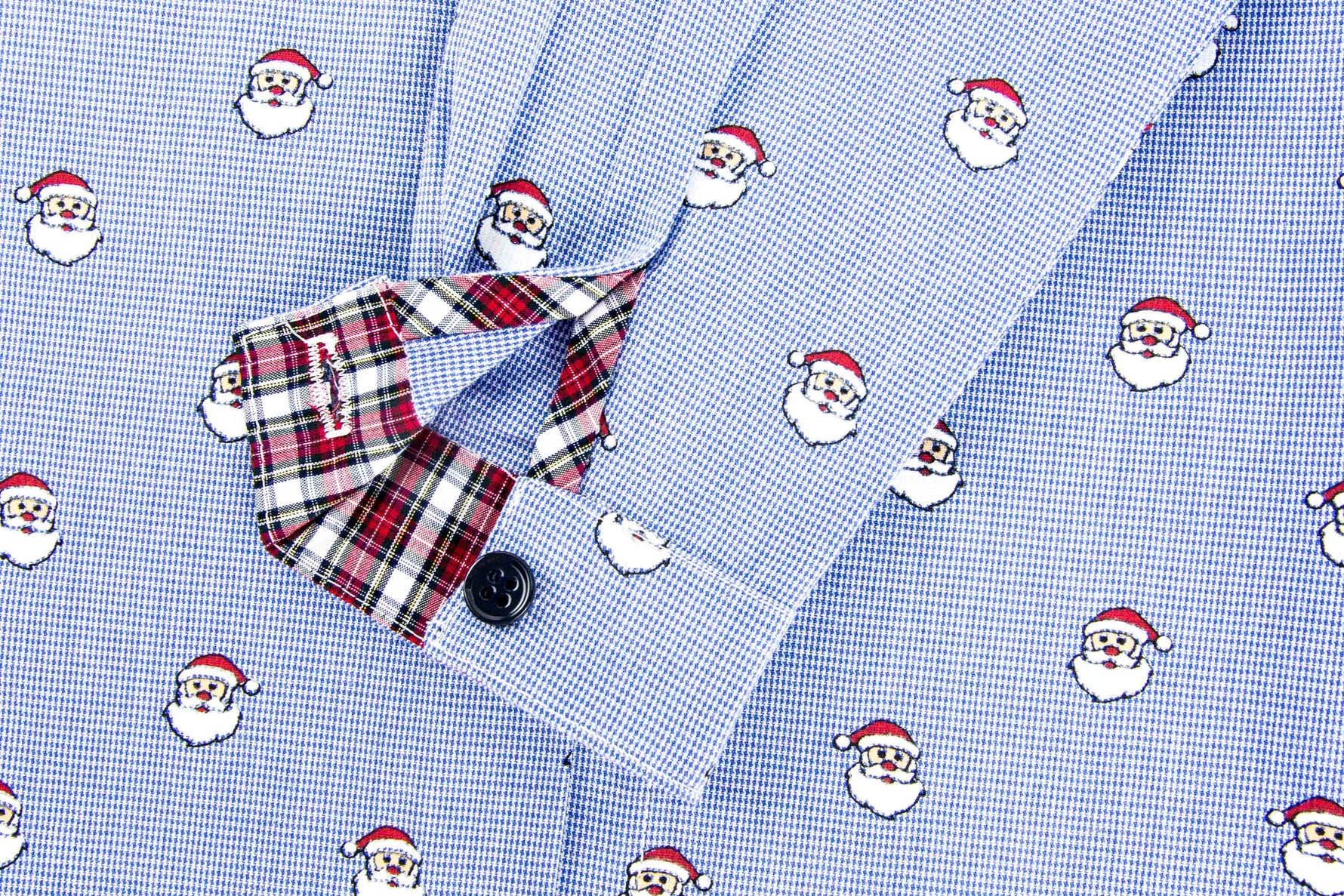 Blue micro check fabric with Santa faces and red plaid collar accent detail