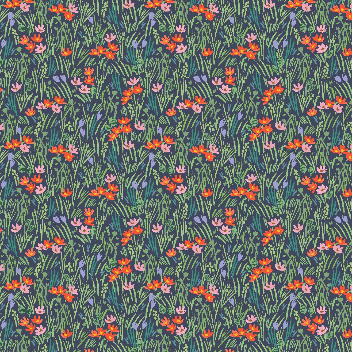 Bramble Iris fabric with red, pink, lavender wildflowers on navy blue background by Cotton + Steel
