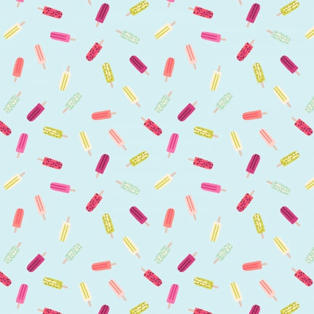 Light blue fabric with scattered colorful ice pop popsicle repeat pattern in pink yellow berry