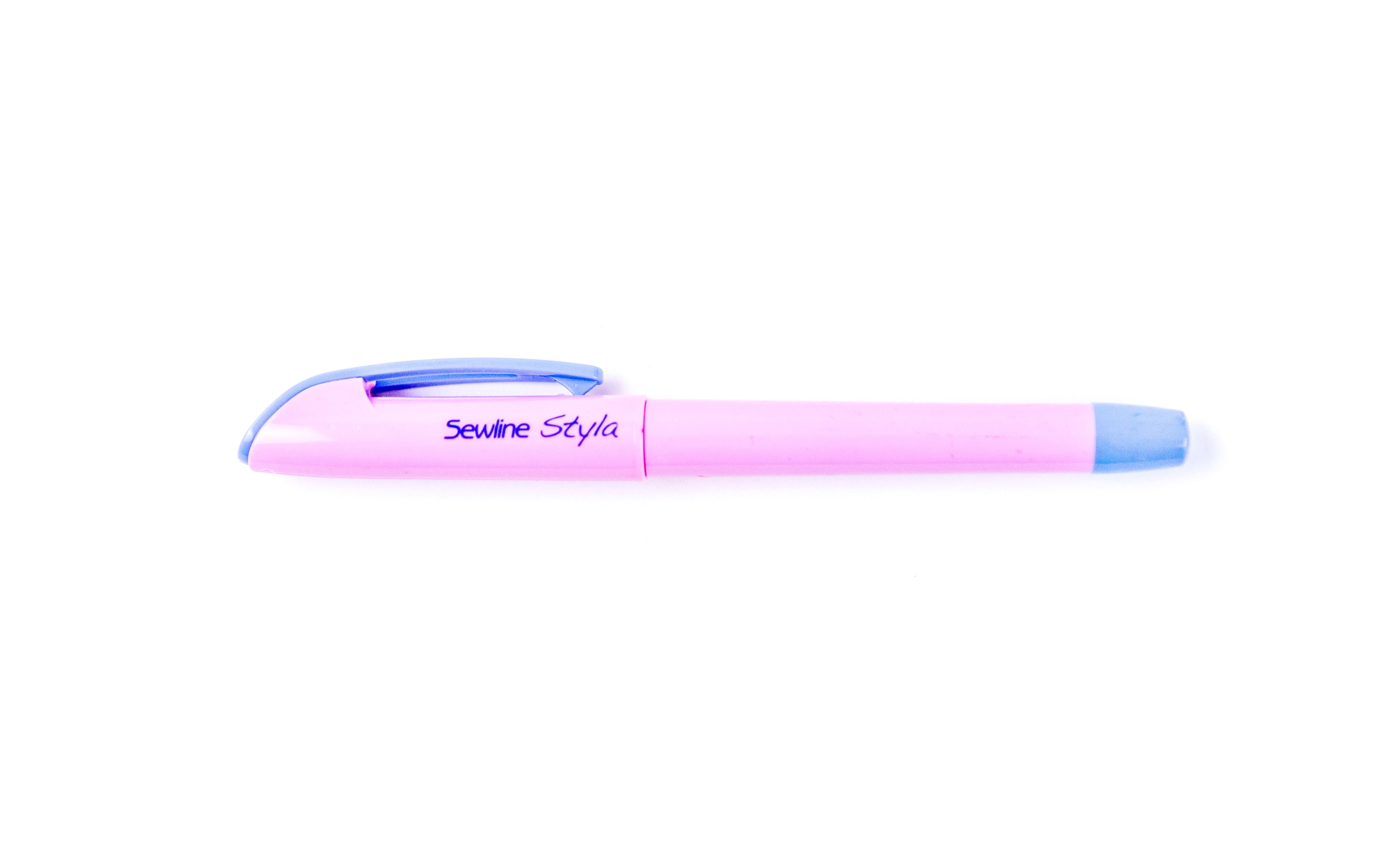 Sewline Styla water erasable fabric pen in pink with blue cap and eraser tip