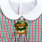 Red and green gingham check fabric with Christmas bear wreath embroidery and white collar